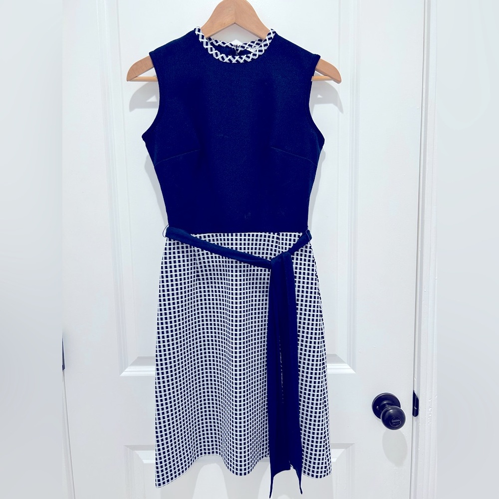 Vintage navy and white checked dress - polyester size 2 in modern sizing